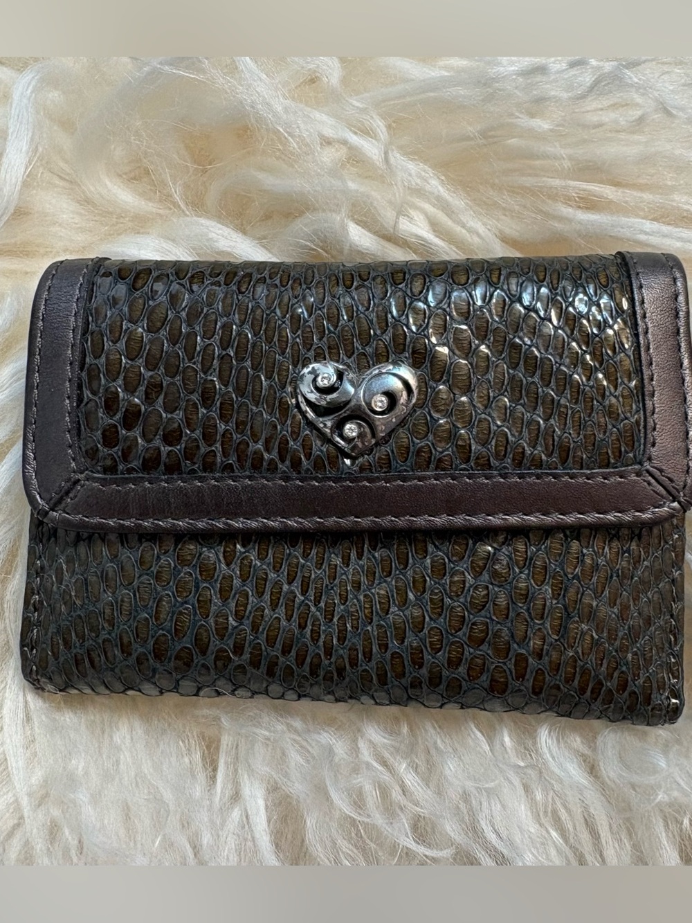 Brighton Metallic Reptile Textured Trifold Wallet Heart Detail